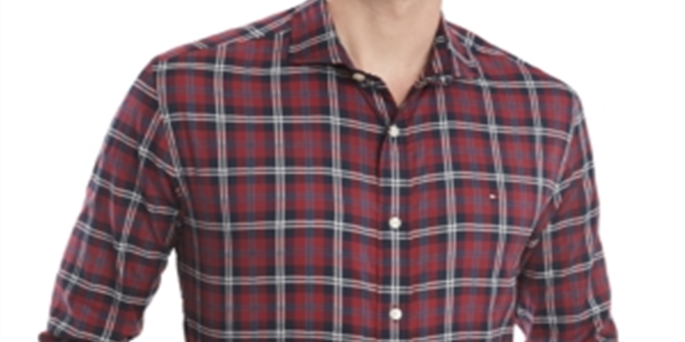 Camisa xadrez masculina Tommy Hilfiger de algodão com botões, roxa, tamanho P