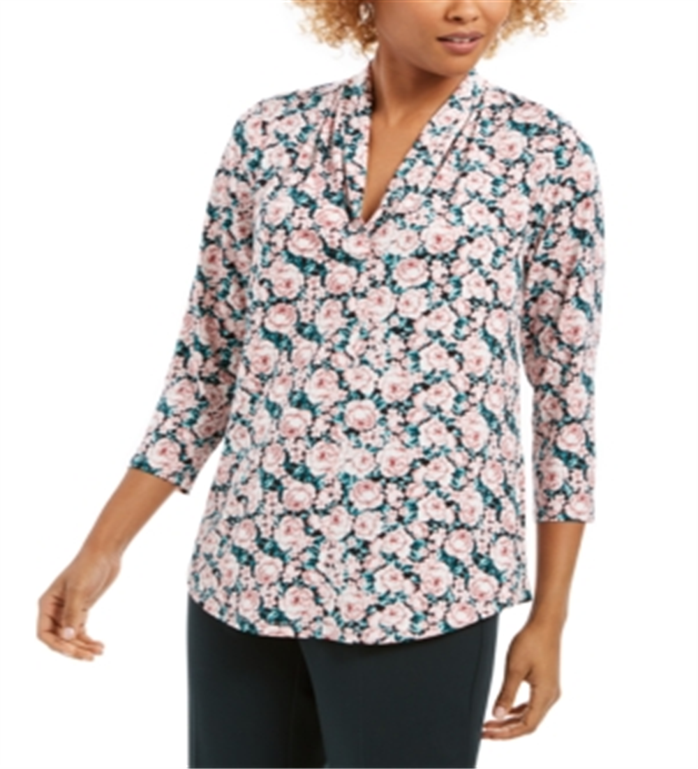 Blusa feminina Charter Club com estampa floral e decote em V franzido, rosa, tamanho XX-G