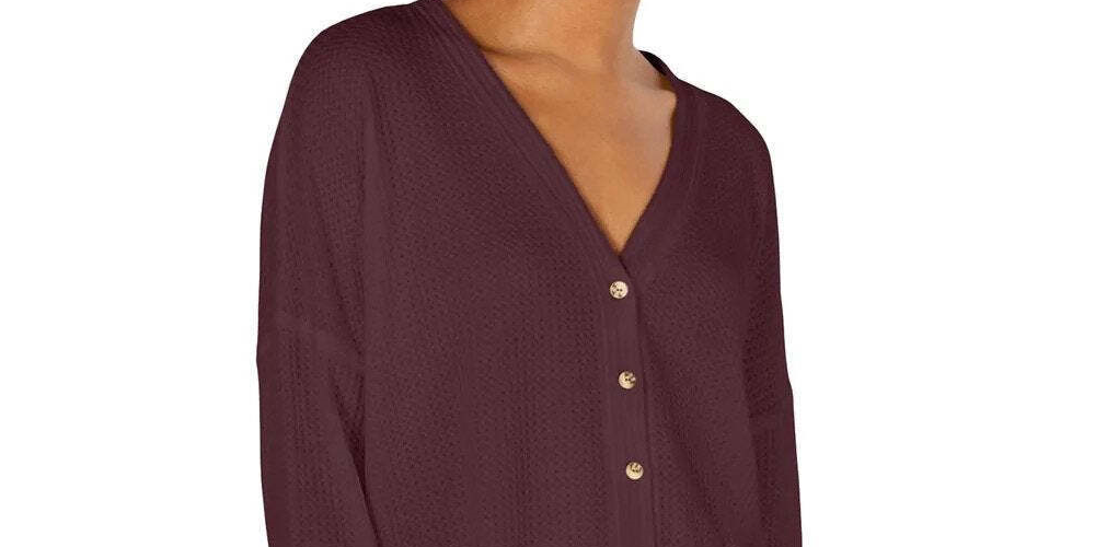 Cardigan de malha Waffle com estampa Hacci Card para mulheres, tamanho médio, roxo, Hippie Rose