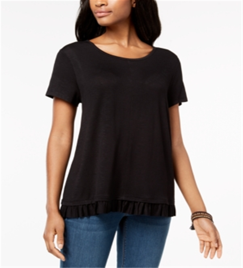 Camiseta feminina de manga curta com gola redonda e estampa de joias Style &amp; Co, preta, tamanho pequeno