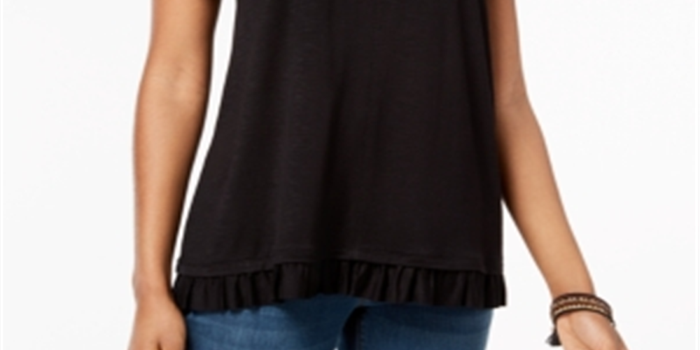 Camiseta feminina de manga curta com gola redonda e estampa de joias Style &amp; Co, preta, tamanho pequeno