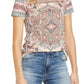 Camiseta feminina estampada de manga curta e gola redonda Lucky Brand, branca, tamanho pequeno