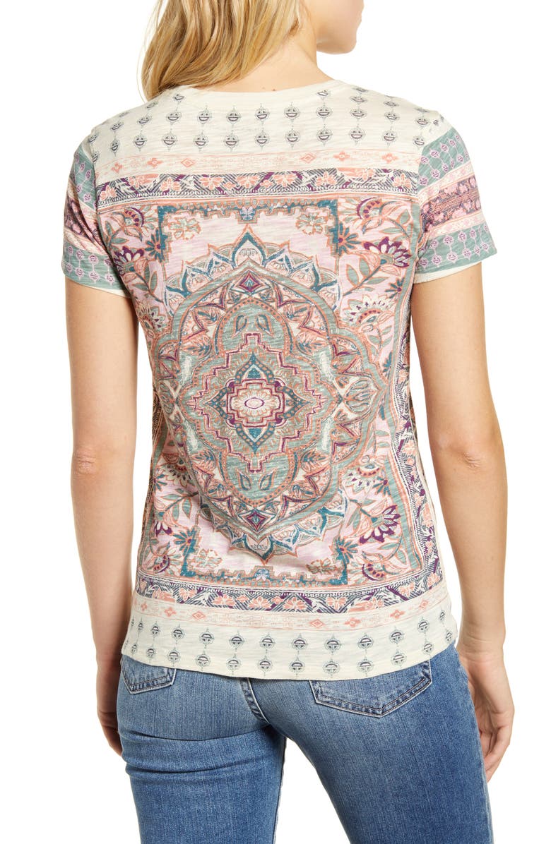 Camiseta feminina estampada de manga curta e gola redonda Lucky Brand, branca, tamanho pequeno