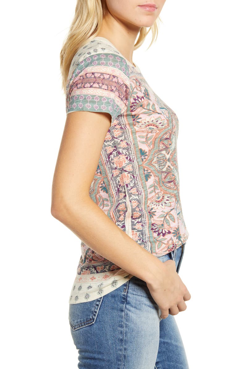 Camiseta feminina estampada de manga curta e gola redonda Lucky Brand, branca, tamanho pequeno