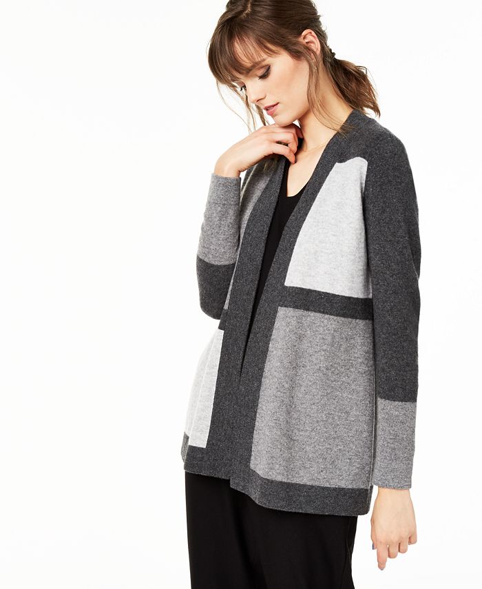 Cardigan feminino de cashmere puro com blocos de cores Charter Club, cinza, tamanho pequeno P