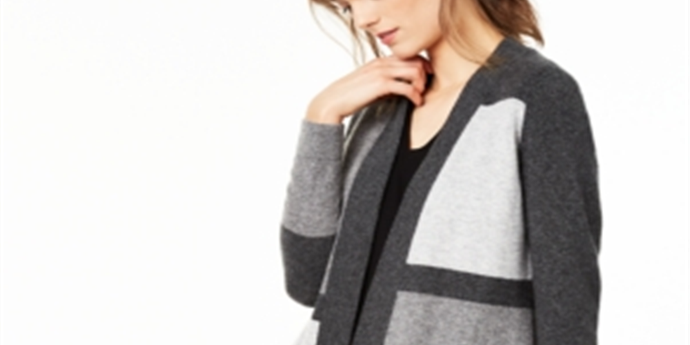Cardigan feminino de cashmere puro com blocos de cores Charter Club, cinza, tamanho pequeno P