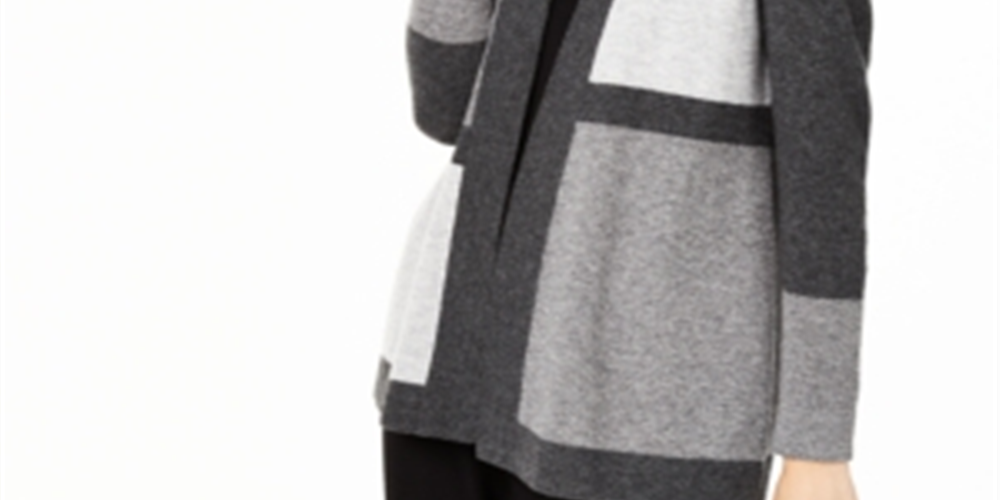 Cardigan feminino de cashmere puro com blocos de cores Charter Club, cinza, tamanho pequeno P