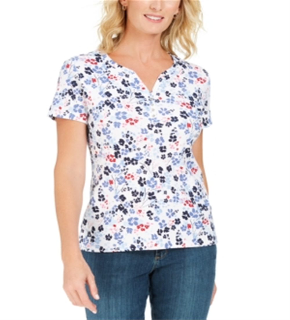 Karen Scott Top Henley Estampado Feminino Azul - Tamanho Pequeno