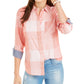 Tommy Hilfiger Blusa Feminina Coral Xadrez Manga Longa com Botões Laranja Tamanho Médio