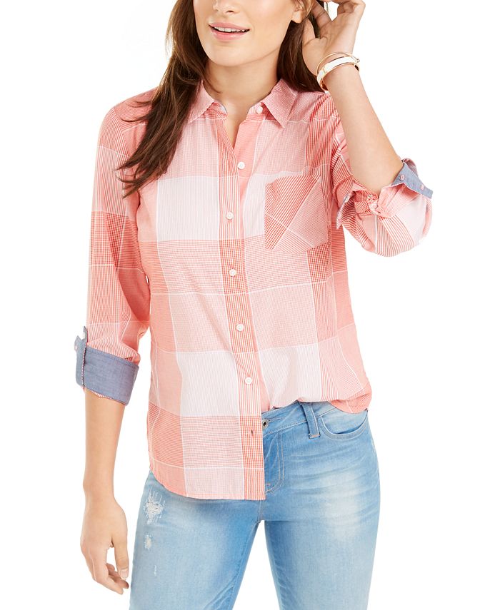 Tommy Hilfiger Blusa Feminina Coral Xadrez Manga Longa com Botões Laranja Tamanho Médio