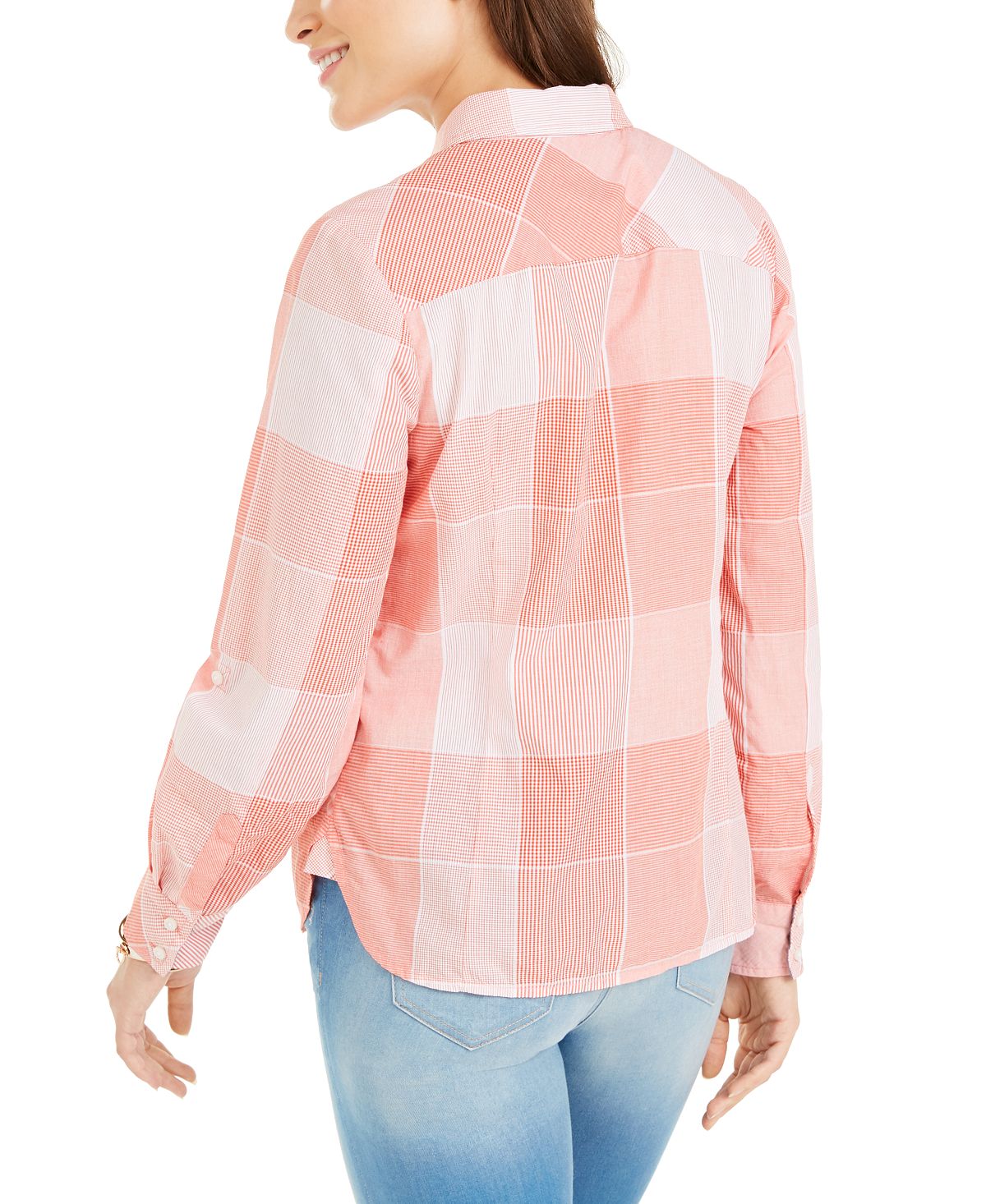 Tommy Hilfiger Blusa Feminina Coral Xadrez Manga Longa com Botões Laranja Tamanho Médio