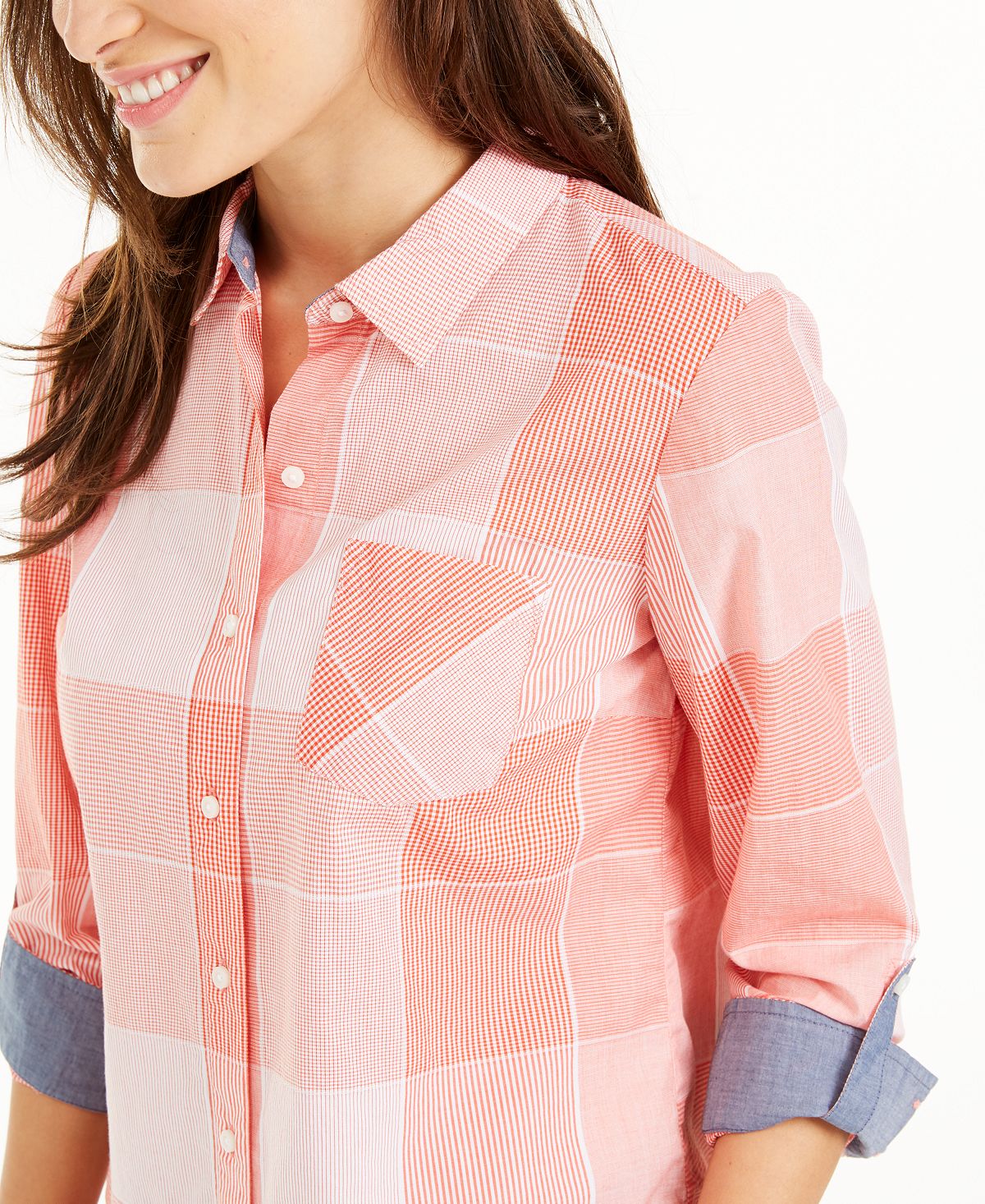 Tommy Hilfiger Blusa Feminina Coral Xadrez Manga Longa com Botões Laranja Tamanho Médio
