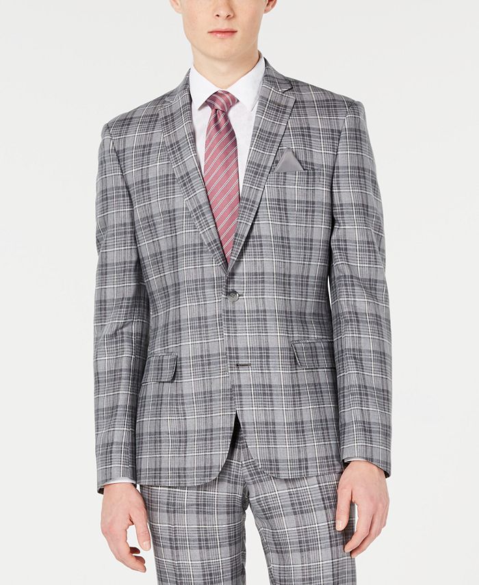 Blazer masculino xadrez de linho Bar III com dois botões, cinza, tamanho 46