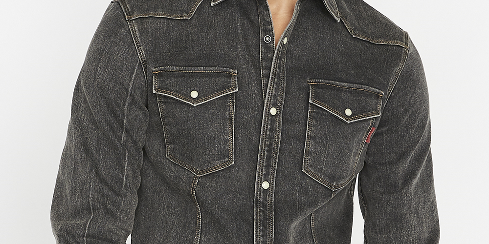 Camisa casual masculina Buffalo David Bitton de manga comprida com botões slim fit, preta, tamanho pequeno