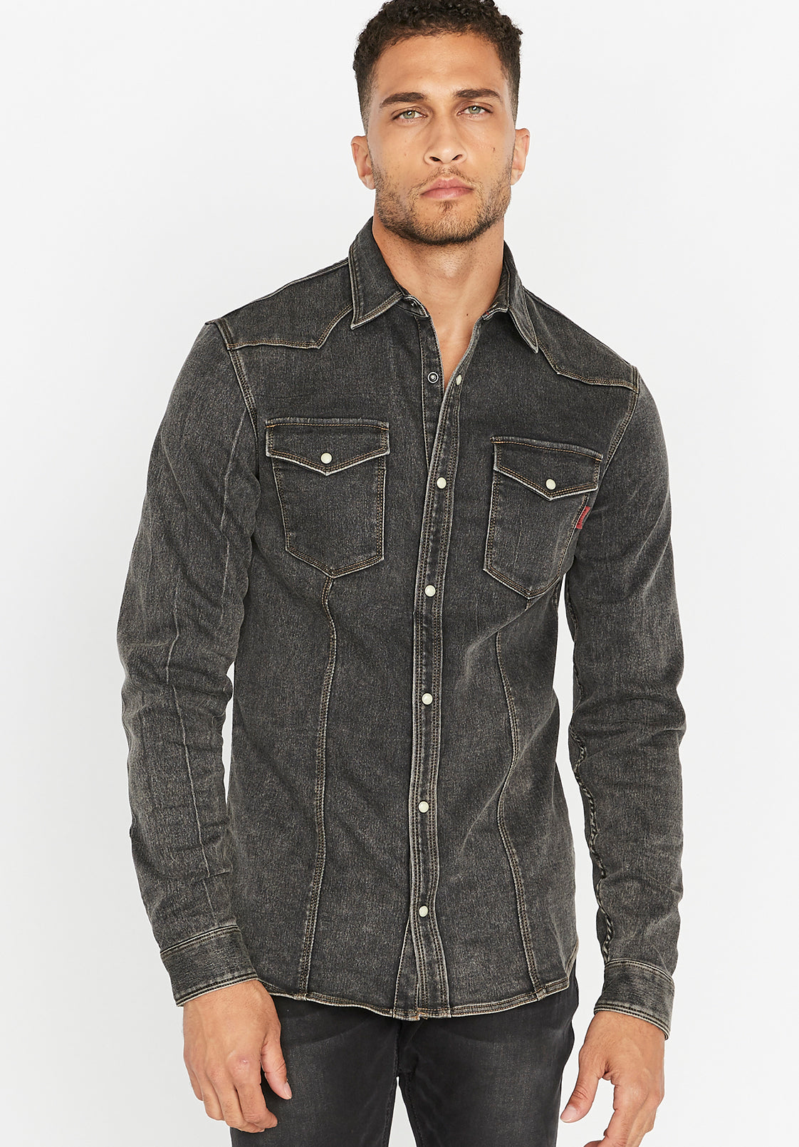Camisa casual masculina Buffalo David Bitton de manga comprida com botões slim fit, preta, tamanho pequeno