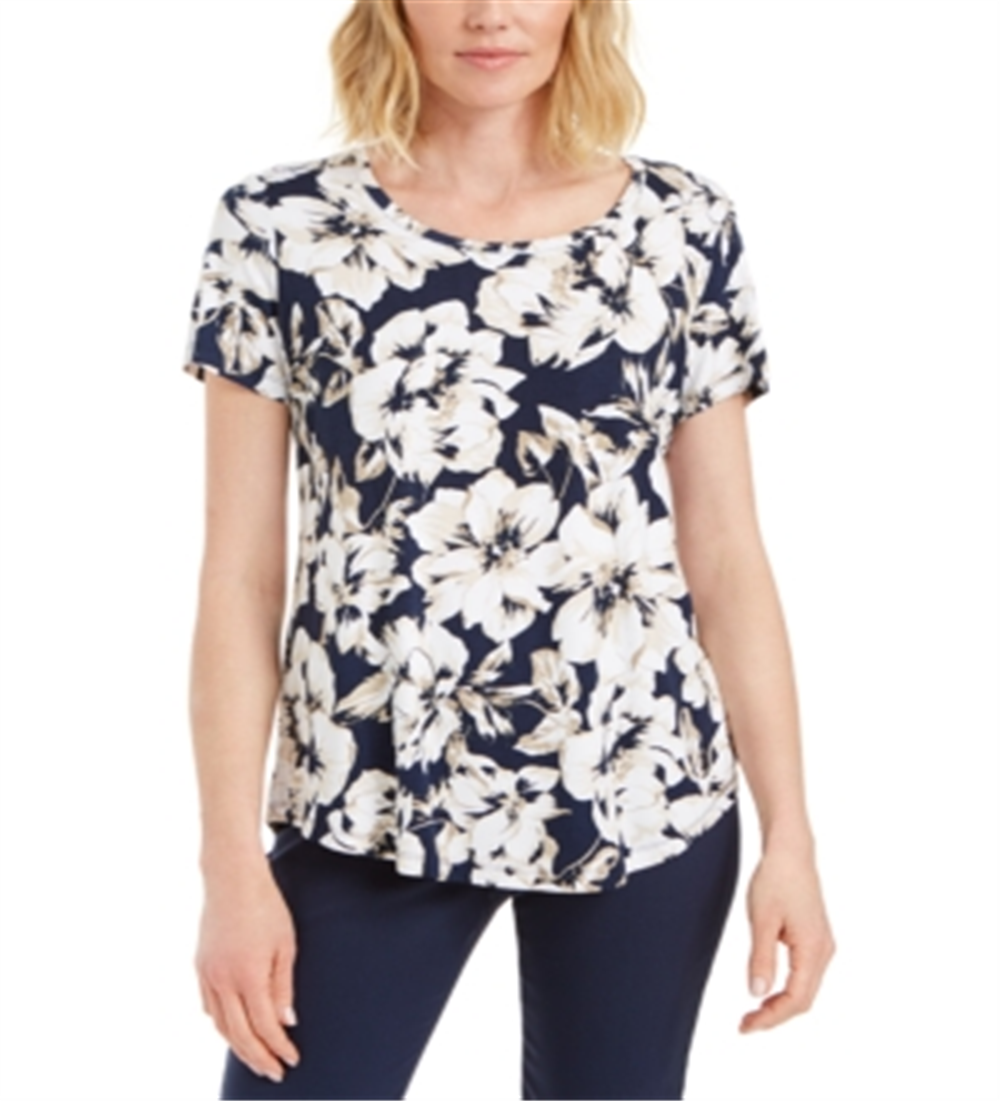 Blusa feminina com estampa floral e decote redondo, azul, tamanho extragrande, da coleção JM