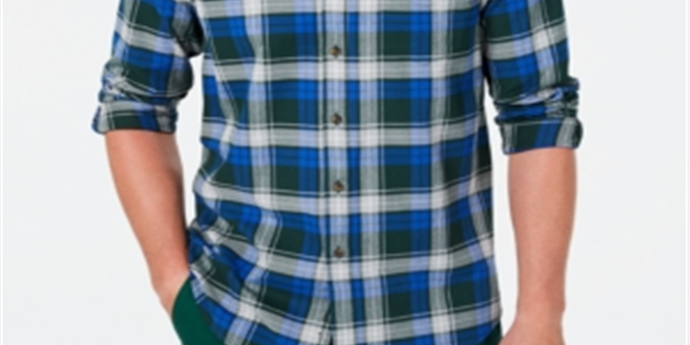 Camisa de flanela xadrez de algodão escovado e elástico masculina Club Room, tamanho grande, verde