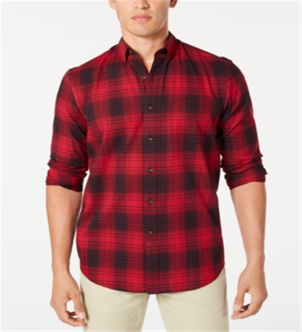 Camisa de flanela xadrez de algodão escovado e elástico masculina Club Room, vermelha, tamanho médio
