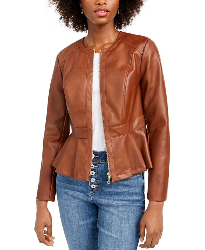 Jaqueta feminina peplum de couro sintético INC International Concepts marrom tamanho pequeno SM