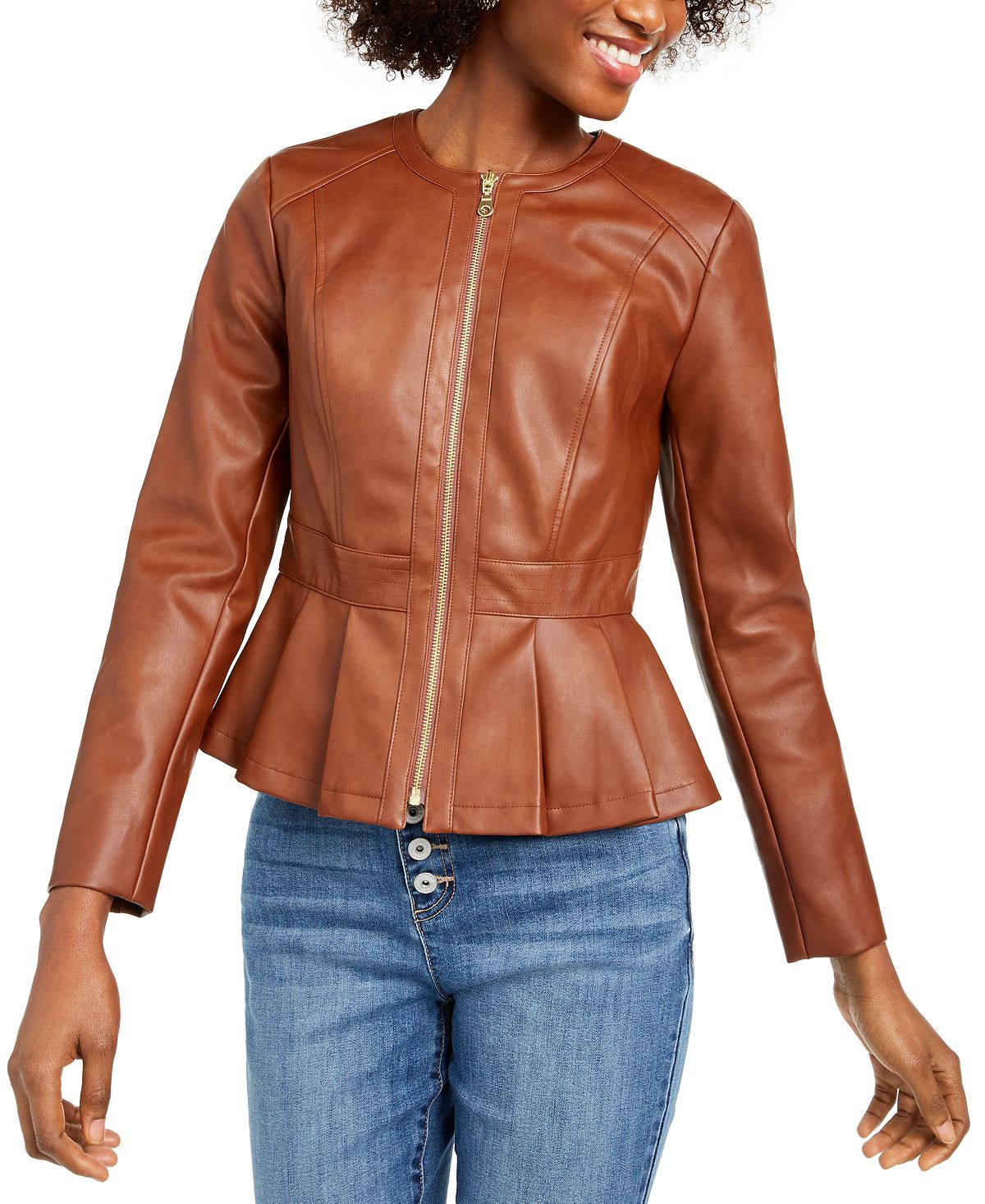 Jaqueta feminina peplum de couro sintético INC International Concepts marrom tamanho pequeno SM