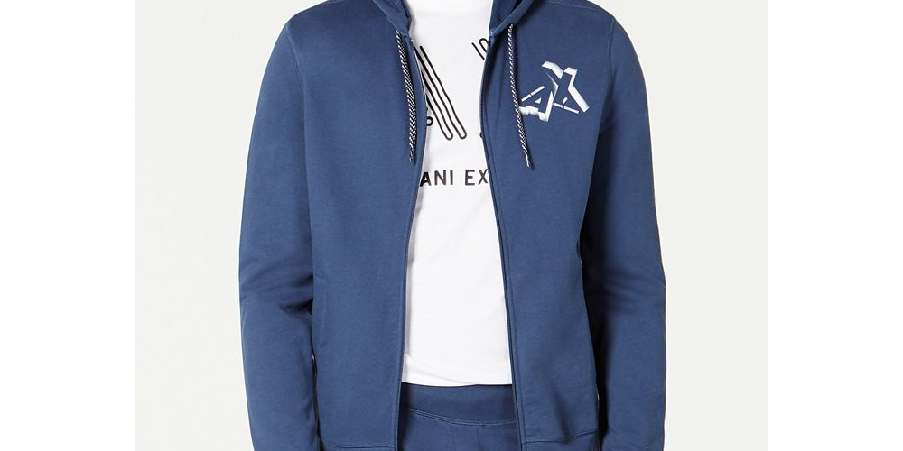 Moletom com capuz masculino AX Armani Exchange com zíper frontal e logotipo, azul, tamanho grande