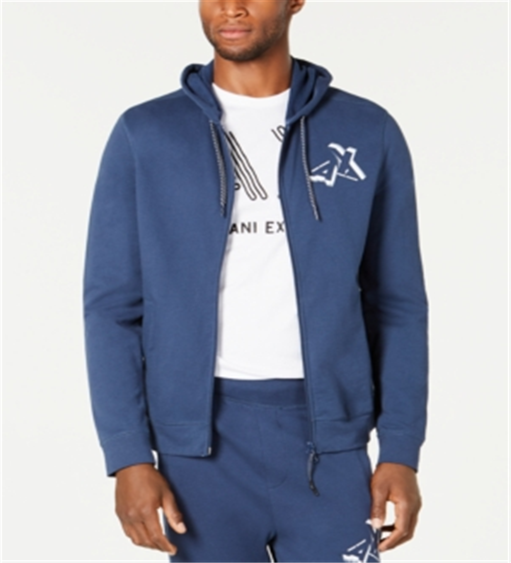 Moletom com capuz masculino AX Armani Exchange com zíper frontal e logotipo, azul, tamanho grande