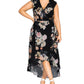 Vestido envelope feminino City Chic Plus com nó frontal floral, preto, tamanho 18W