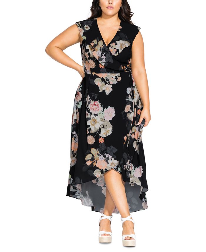 Vestido envelope feminino City Chic Plus com nó frontal floral, preto, tamanho 18W
