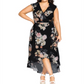 Vestido envelope feminino City Chic Plus com nó frontal floral, preto, tamanho 18W