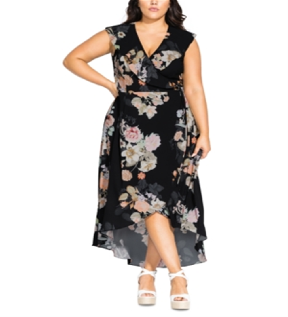 Vestido envelope feminino City Chic Plus com nó frontal floral, preto, tamanho 18W
