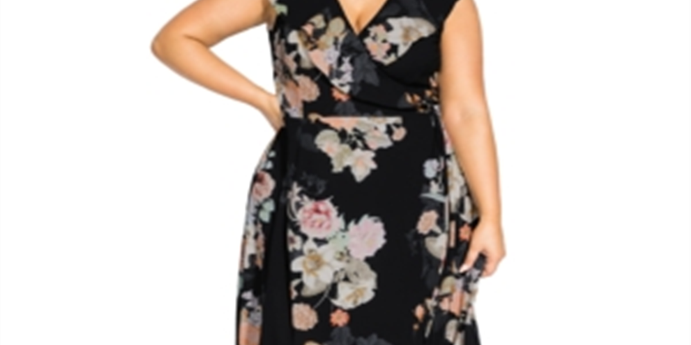 Vestido envelope feminino City Chic Plus com nó frontal floral, preto, tamanho 18W
