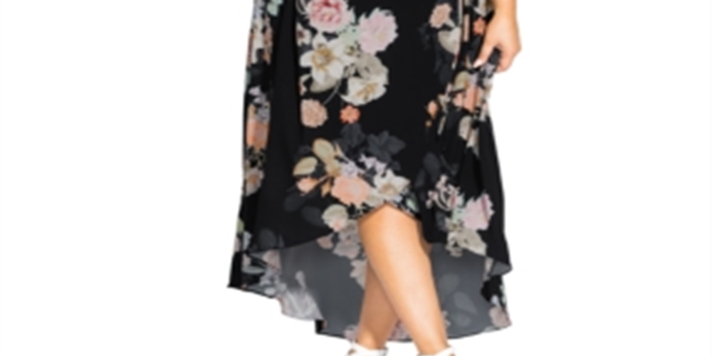 Vestido envelope feminino City Chic Plus com nó frontal floral, preto, tamanho 18W