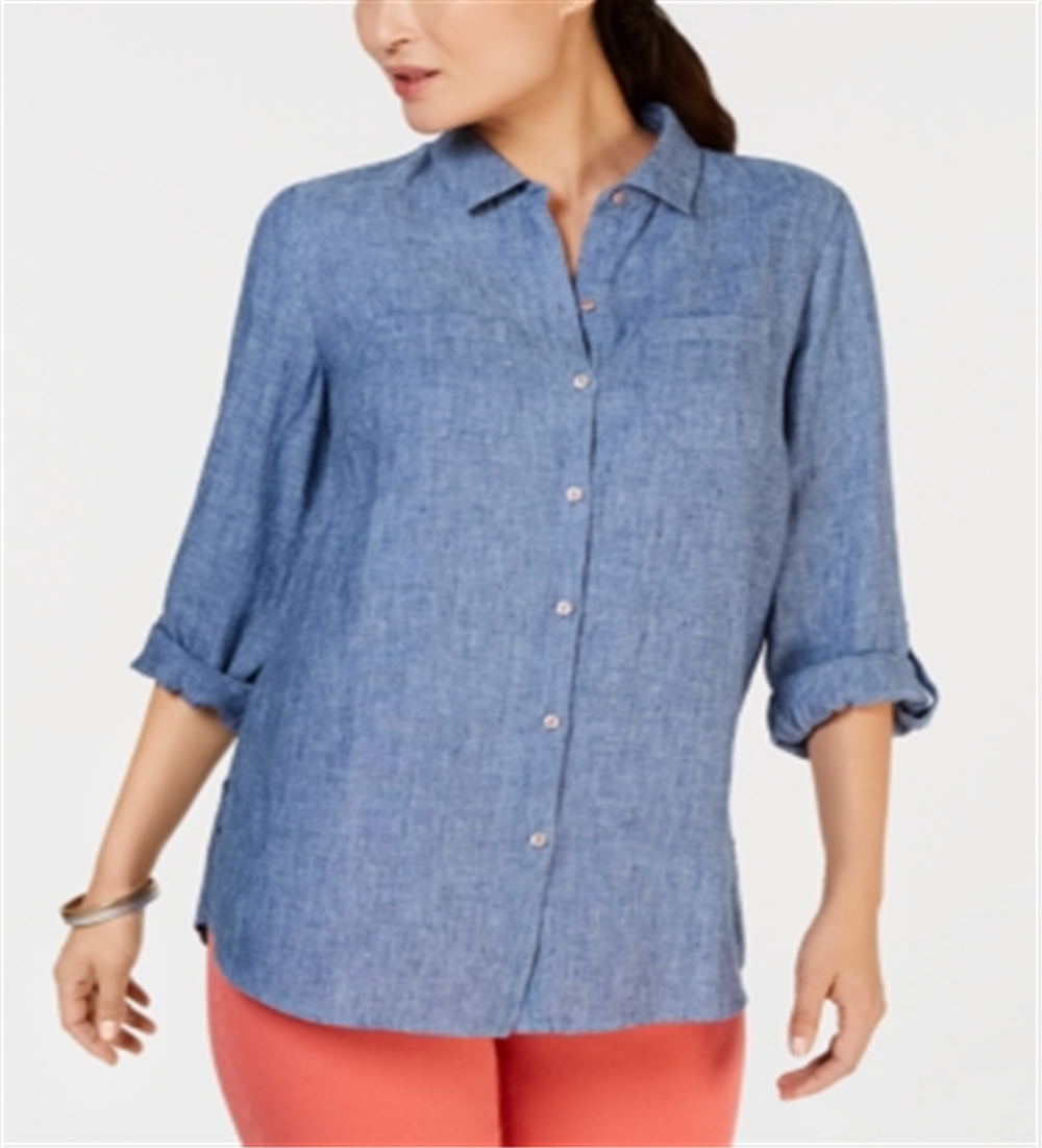 Camisa de linho feminina Charter Club azul tamanho grande