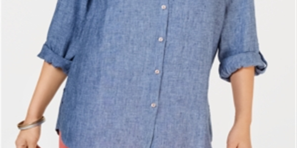 Camisa de linho feminina Charter Club azul tamanho grande