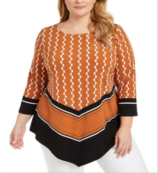 Blusa feminina estampada com bainha em V da Alfani, preta, tamanho 0X