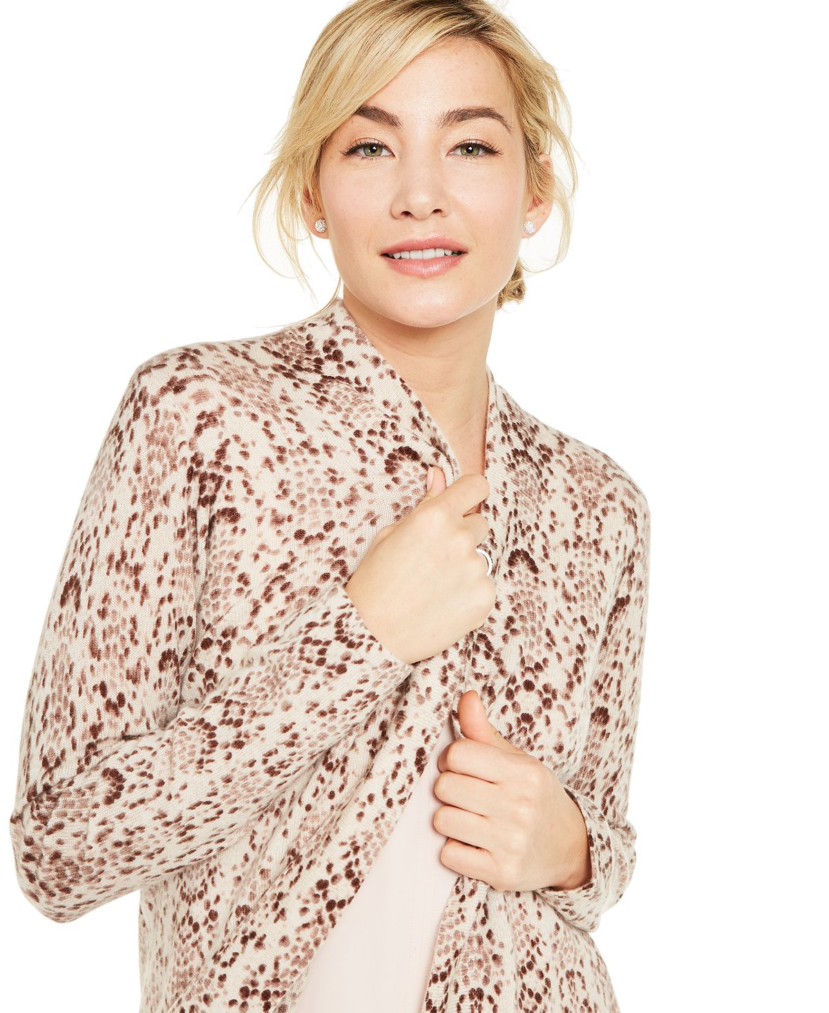 Cardigan de cashmere feminino com estampa de cobra Charter Club marrom tamanho extragrande