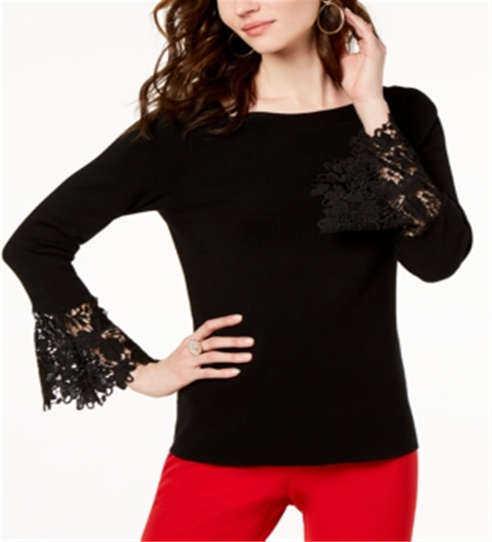 Suéter feminino com manga sino e punho de renda da INC International Concepts, preto, tamanho extragrande
