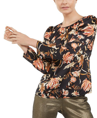 Blusa feminina com estampa floral e manga bufante, preta, tamanho médio, da INC International Concepts
