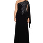Vestido de capa feminino XSCAPE com um ombro e contas, preto, tamanho 16W