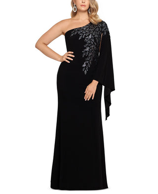 Vestido de capa feminino XSCAPE com um ombro e contas, preto, tamanho 16W