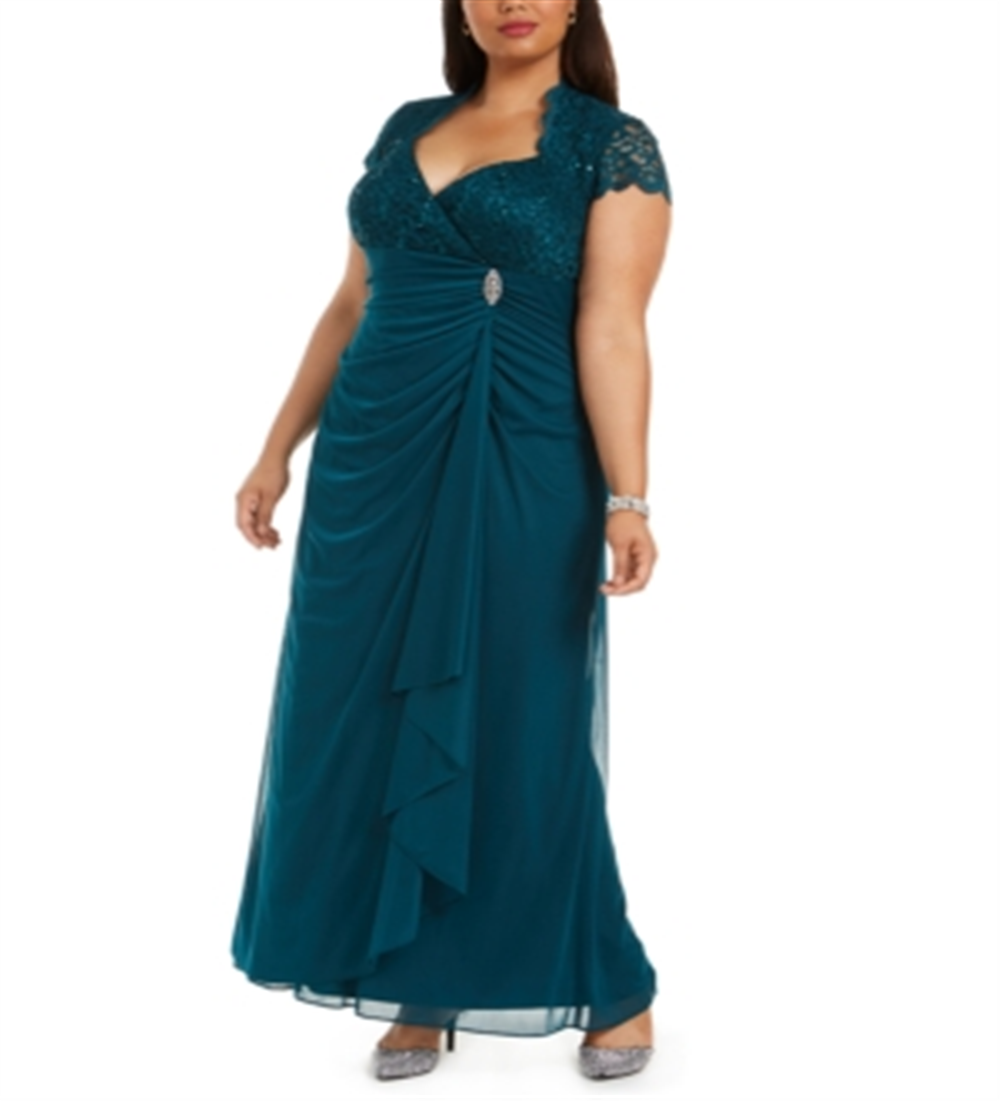 Vestido longo feminino Betsy &amp; Adam com cintura império e renda, tamanho 14W, azul