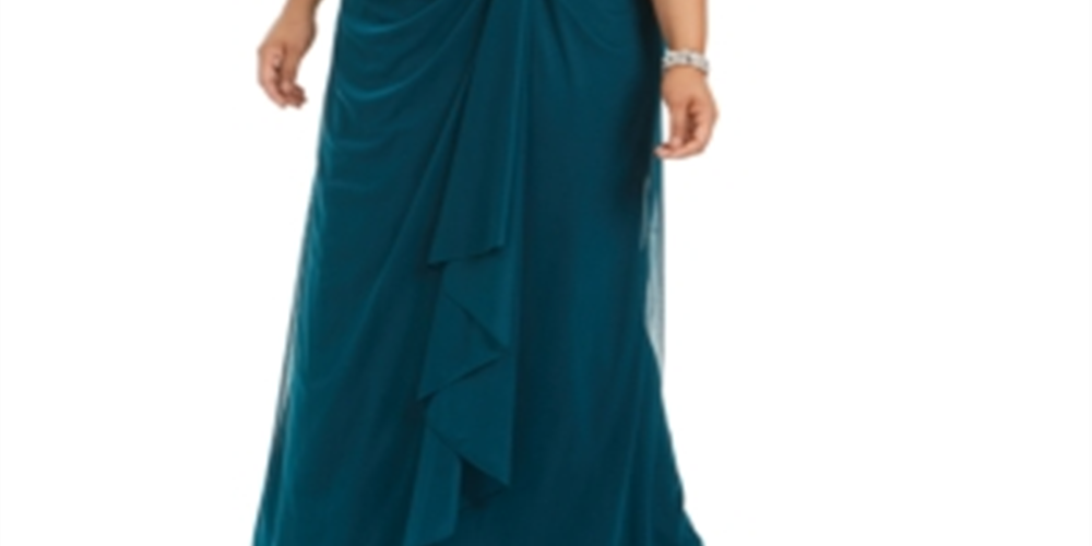 Vestido longo feminino Betsy &amp; Adam com cintura império e renda, tamanho 14W, azul