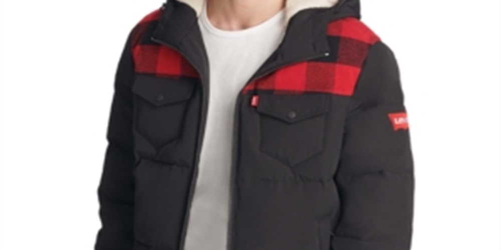 Jaqueta acolchoada com capuz e capuz Levi's Sherpa Fleece masculina, preta, tamanho pequeno