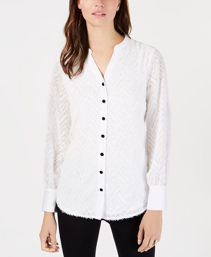 Blusa feminina Alfani com franjas e mangas compridas, com botões, marrom, tamanho extragrande