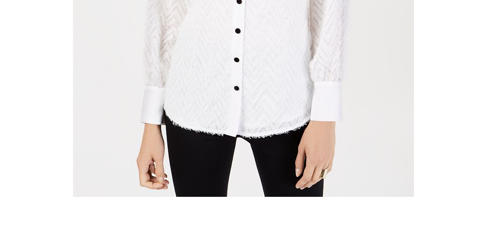 Blusa feminina Alfani com franjas e mangas compridas, com botões, marrom, tamanho extragrande