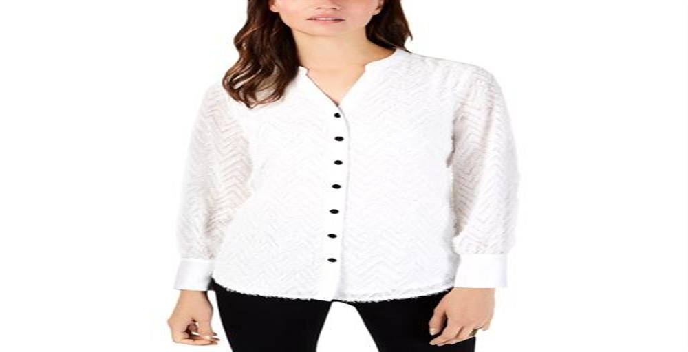 Blusa feminina Alfani com franjas e mangas compridas, com botões, marrom, tamanho extragrande