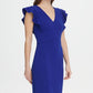 Vestido tubinho feminino DKNY com decote em V e babados, manga curta, azul, tamanho 16