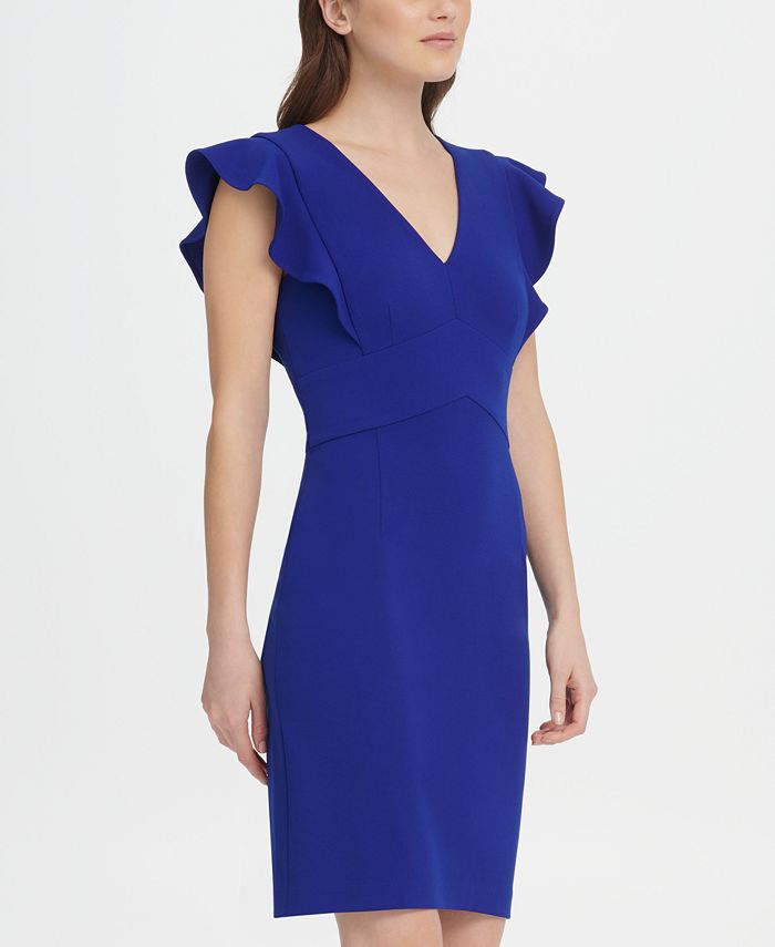Vestido tubinho feminino DKNY com decote em V e babados, manga curta, azul, tamanho 16