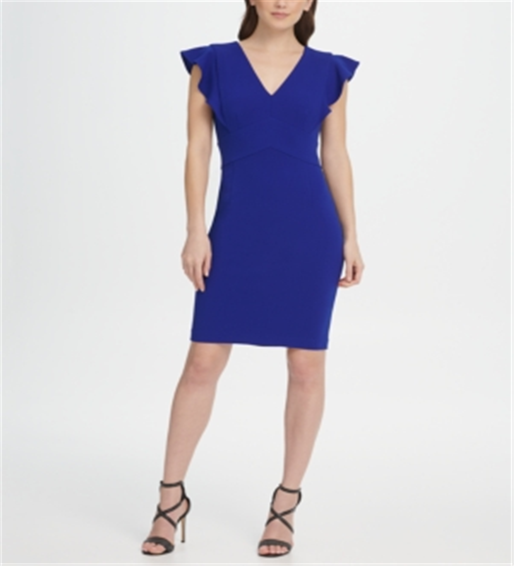 Vestido tubinho feminino DKNY com decote em V e babados, manga curta, azul, tamanho 16