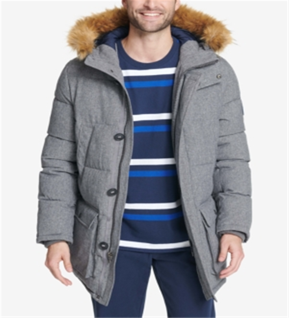 Tommy Hilfiger Parka Longa Masculina com Capuz de Pele Sintética Cinza Tamanho Grande